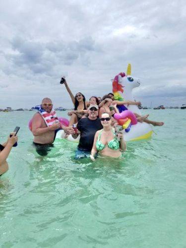 unicorn float with family and friends